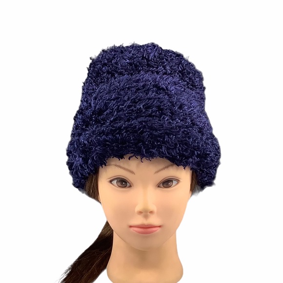 Vintage Womens Navy Blue Winter Shag Beanie OS - Picture 1 of 9
